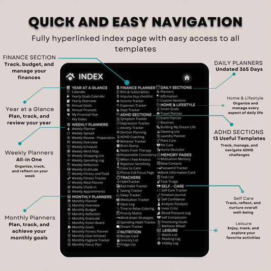 The ADHD Planner: Finally Find Your Focus | Hyperlinked Dark Mode for iPad & Android