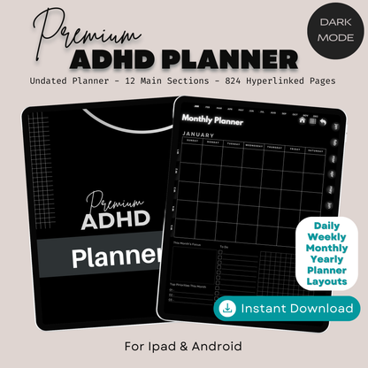 The ADHD Planner: Finally Find Your Focus | Hyperlinked Dark Mode for iPad & Android
