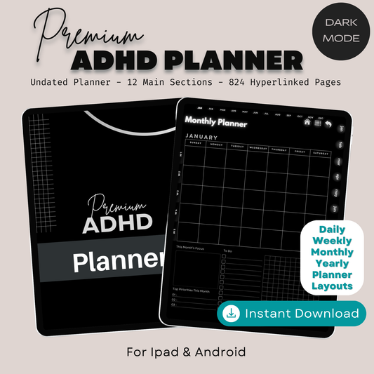 The ADHD Planner: Finally Find Your Focus | Hyperlinked Dark Mode for iPad & Android