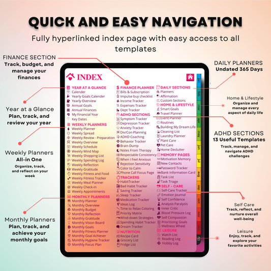 The Vibrant ADHD Planner: Spark Your Motivation | Colorful & Hyperlinked for iPad & Android