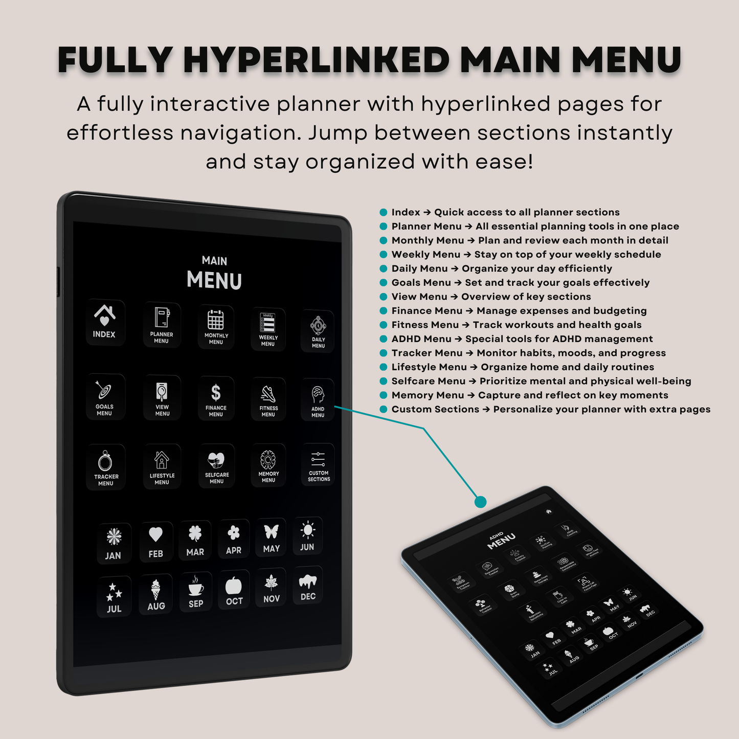 The ADHD Planner: Finally Find Your Focus | Hyperlinked Dark Mode for iPad & Android
