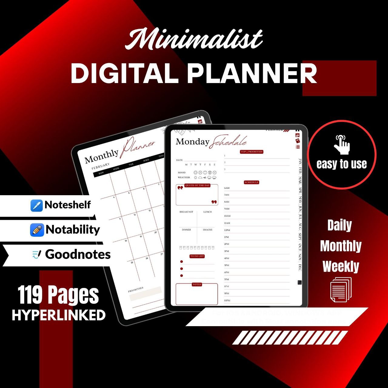 The Executive ADHD Planner: Execute with Precision | Black & Red Hyperlinked for iPad & Android