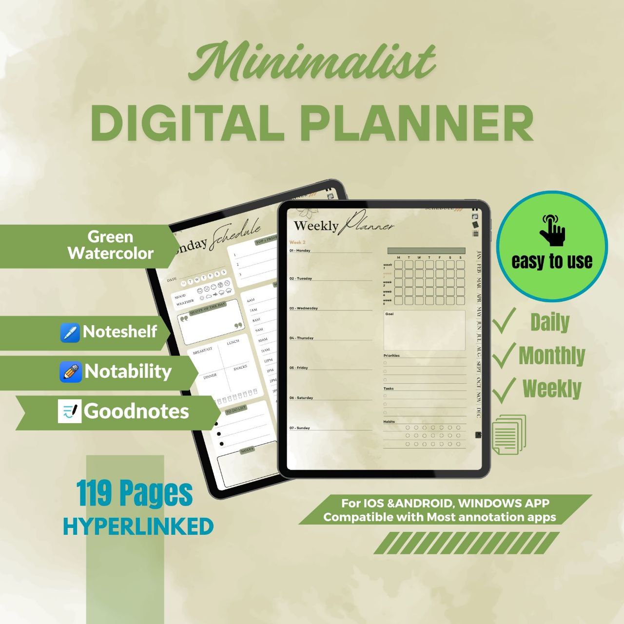 The Evergreen ADHD Planner: Find Your Natural Balance & Focus | Green Mode, Hyperlinked for iPad & Android